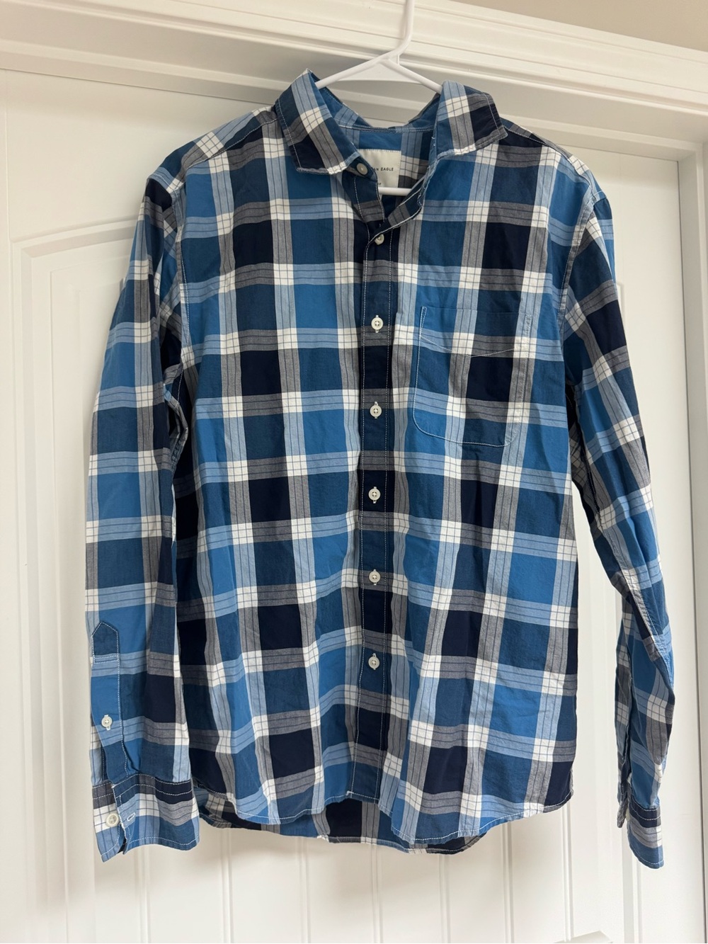 American Eagle Outfitters Navy and Light Blue Plaid Button-Down Shirt